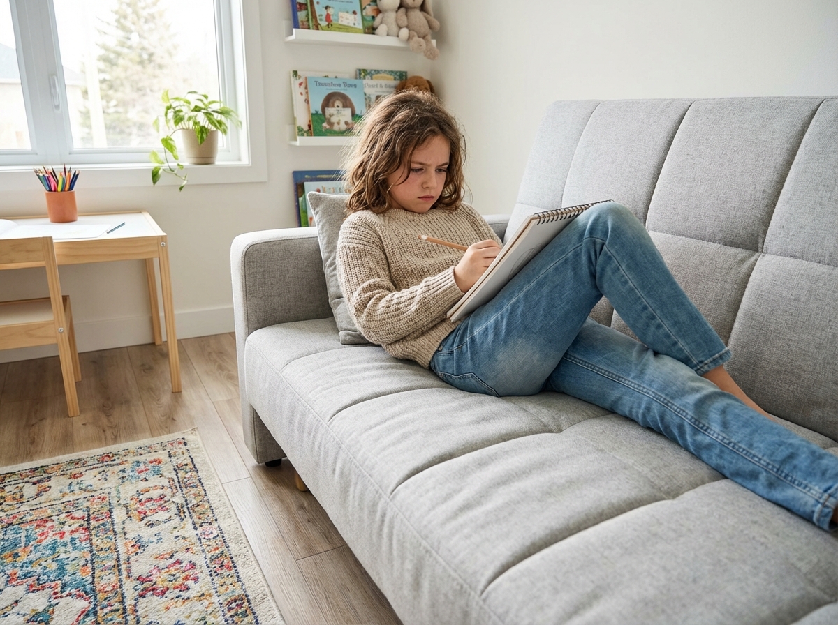 Fille de 10 ans dessinant sur un canapé-lit dans sa chambre lumineuse