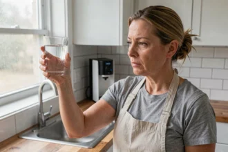 Femme examinant un verre d'eau de pluie filtrée dans une cuisine équipée d'un système de filtration