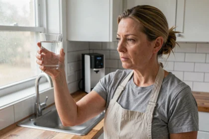 Femme examinant un verre d'eau de pluie filtrée dans une cuisine équipée d'un système de filtration