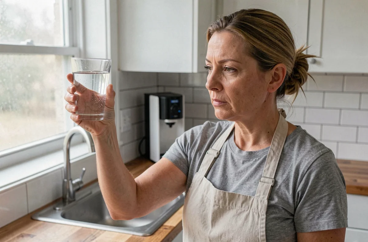Femme examinant un verre d'eau de pluie filtrée dans une cuisine équipée d'un système de filtration
