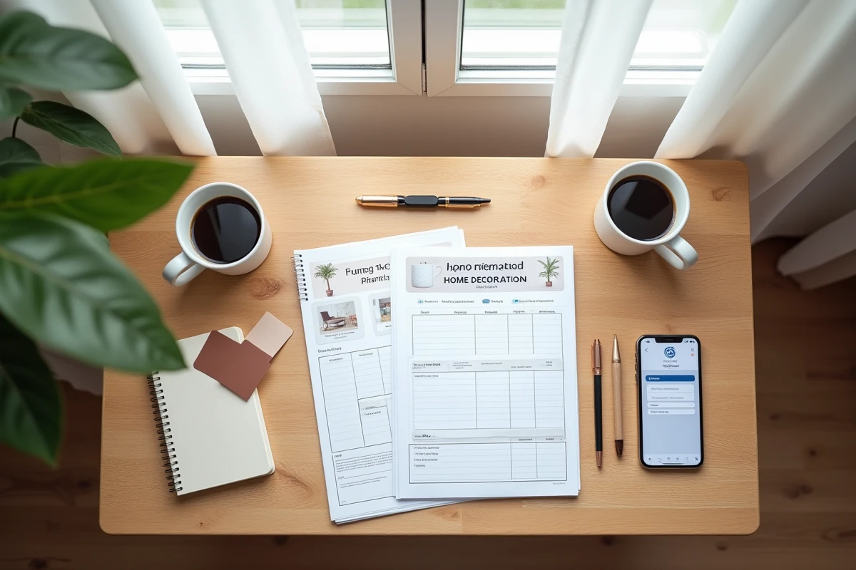 Vue de dessus d'un bureau en bois avec un planificateur de budget maison, des échantillons de couleurs et un smartphone affichant un outil de budget décoration