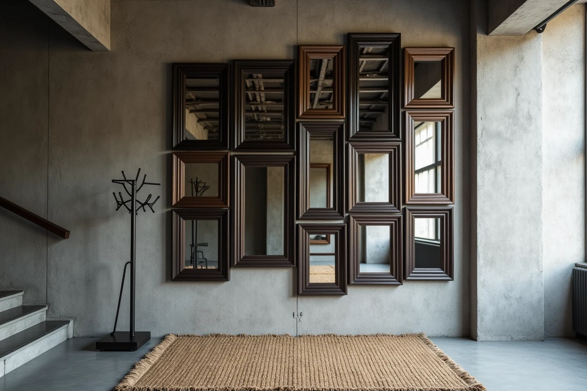 Mur palier cage escalier industriel avec galerie de miroirs métalliques noirs et bronze sur béton brut dans un loft moderne rénové