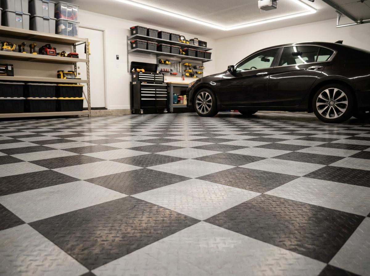 Garage résidentiel rénové avec des dalles de sol clipsables en motif damier gris anthracite et gris clair