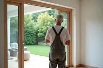 Homme posant une baie vitrée sur mesure dans une maison lumineuse