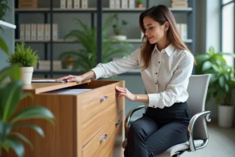 Bureau bien organisé avec des meubles de rangement pratiques