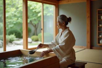 salle de bain japonaise avec décoration zen et éléments modulables