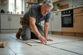 Pose de carrelage dans un intérieur moderne avec outils professionnels