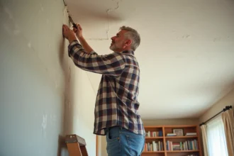 Plafond fissuré avec enduit de rebouchage et calicot appliqués