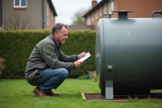 Cuve à fioul installée dans un jardin avec système de chauffage