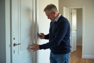 Personne essayant d'ouvrir une porte claquée avec un outil adapté
