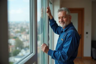 Vitrier qualifié réparant une fenêtre avec soin et expertise