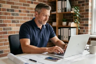 Homme gérant un chantier à distance depuis son bureau avec plans et smartphone, illustration de la coordination d'artisans à Strasbourg