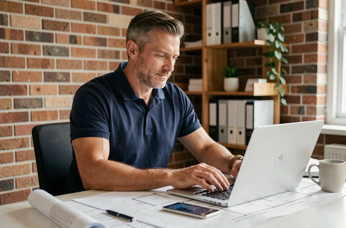 Homme gérant un chantier à distance depuis son bureau avec plans et smartphone, illustration de la coordination d'artisans à Strasbourg