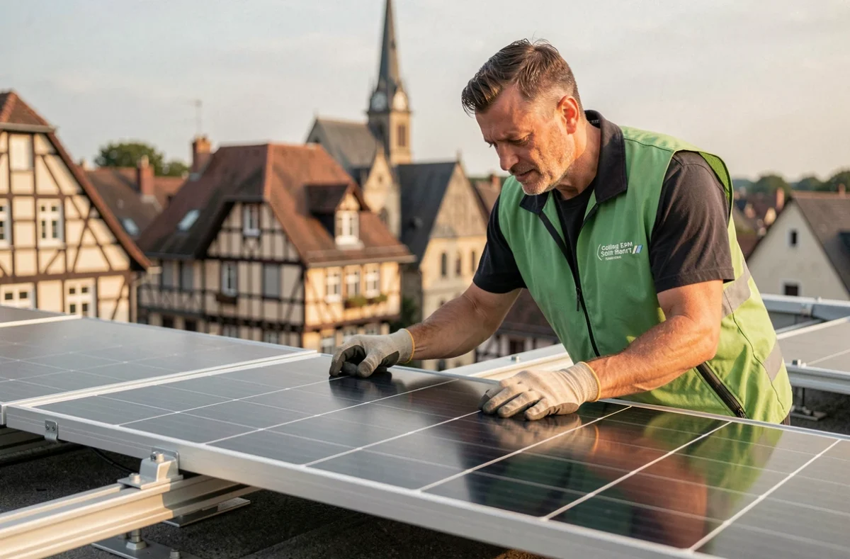 Installateur de Goeco positionnant soigneusement un panneau photovoltaïque sur un toit résidentiel à Colmar