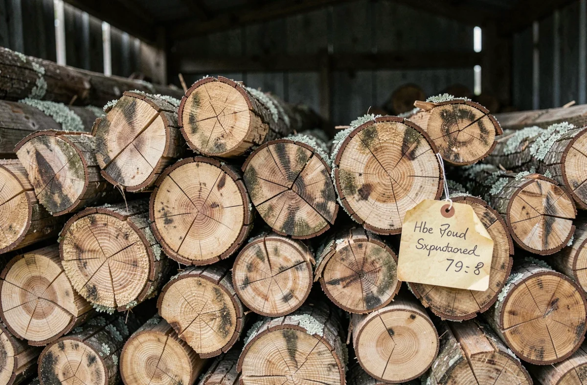 Gros plan sur une pile de bûches de bois coupées avec étiquette de prix dans un abri de stockage