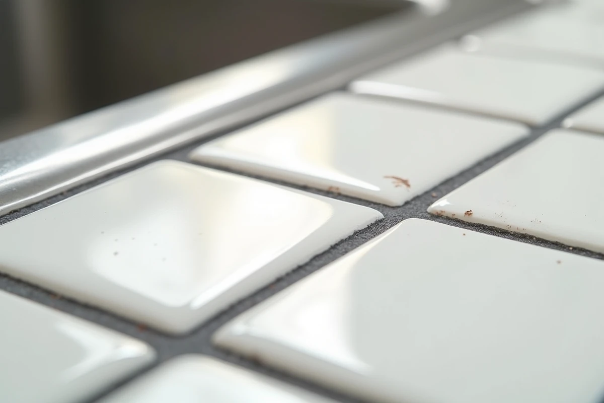 Gros plan sur l'application de joint époxy gris anthracite sur d'anciens joints de carrelage cuisine décolorés