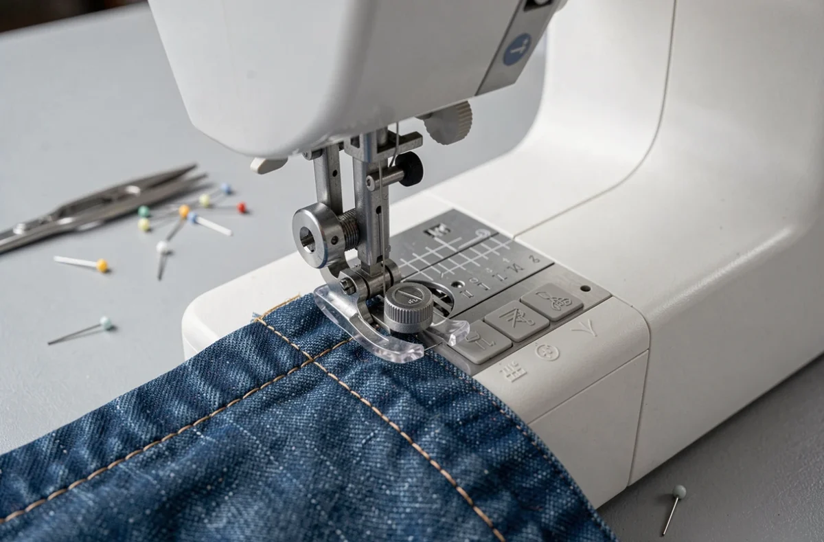 Gros plan sur le mécanisme de pied presseur et le panneau de sélection des points d'une machine à coudre compacte sur tissu denim