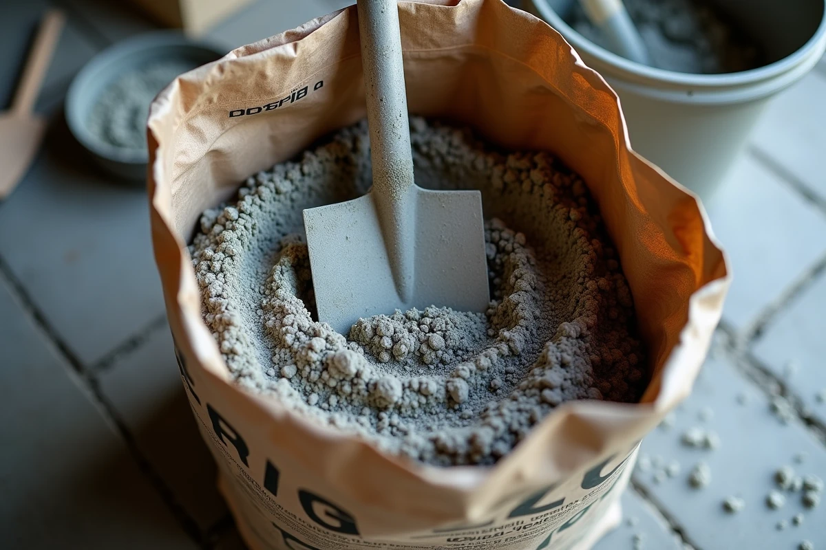 Gros plan sur une pelle métallique dans un sac de béton de 35 kg ouvert avec texture de poudre grise