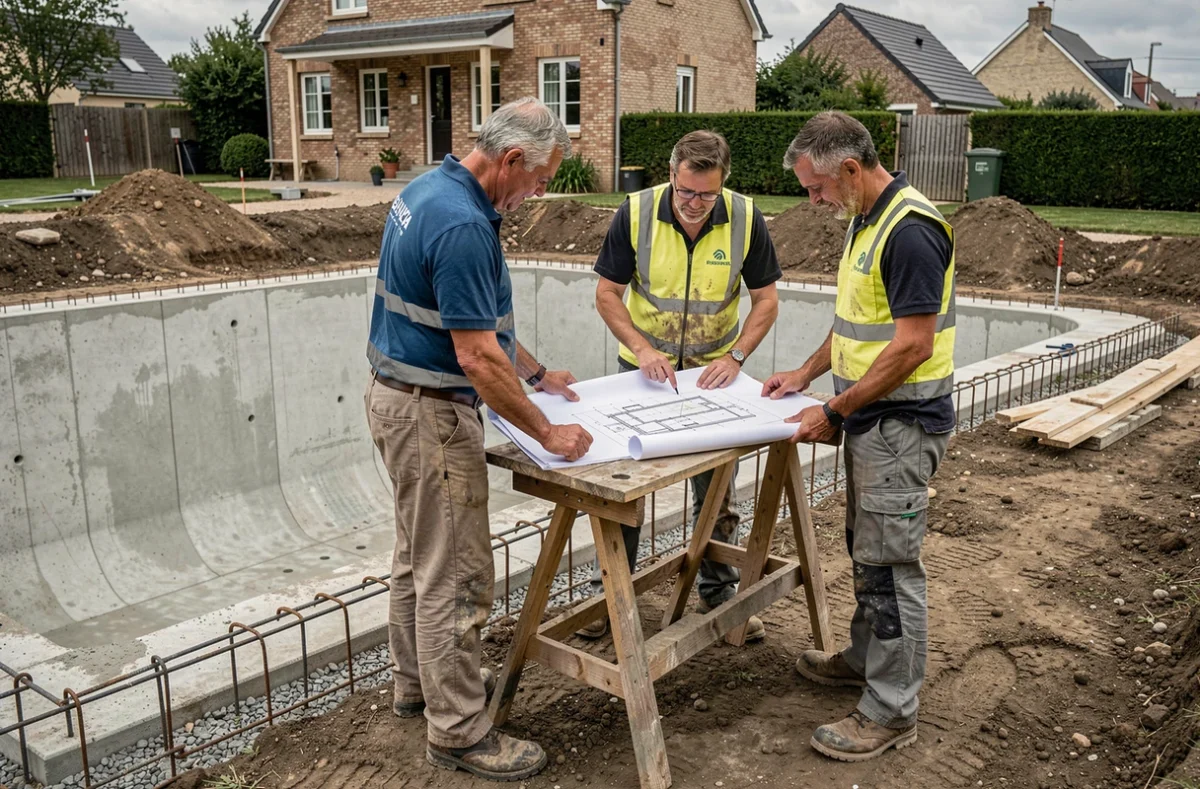 Équipe de constructeurs du Groupe GA Piscines consultant des plans sur un chantier de piscine en béton en cours de construction