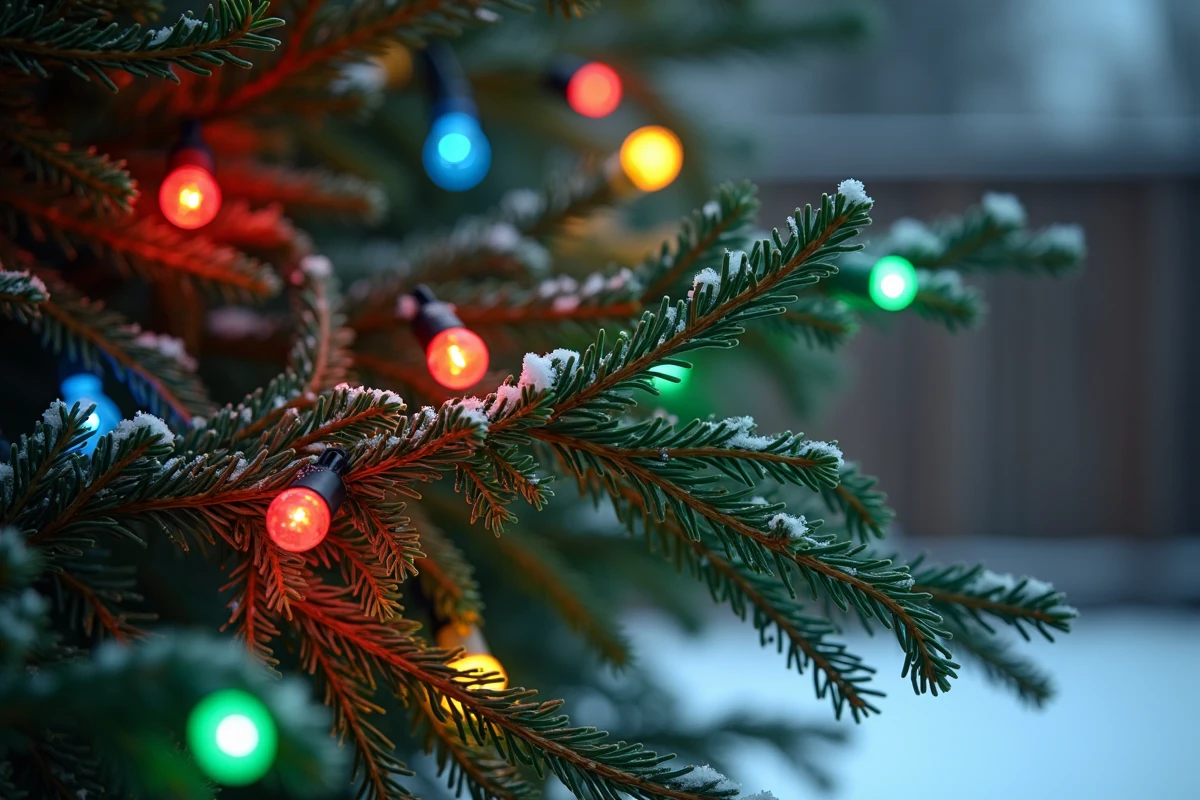 Guirlandes multicolores sur branche de sapin enneigé pour décoration de Noël extérieure