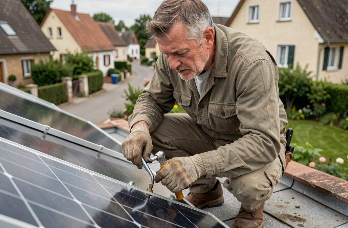 Artisan solaire indépendant Heinimann David ajustant des fixations de panneaux photovoltaïques sur un toit en Alsace