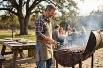 Homme d'âge moyen cuisinant au barbecue en plein air