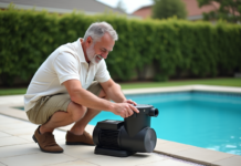 Pompe piscine : astuces pour atténuer son bruit et améliorer votre tranquillité ! Homme d'âge moyen couvre une pompe de piscine extérieure