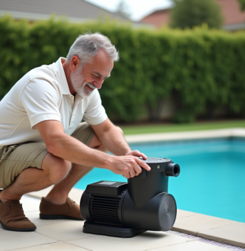 Pompe piscine : astuces pour atténuer son bruit et améliorer votre tranquillité ! Homme d'âge moyen couvre une pompe de piscine extérieure