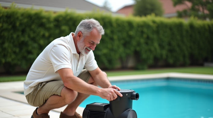 Homme d'âge moyen couvre une pompe de piscine extérieure