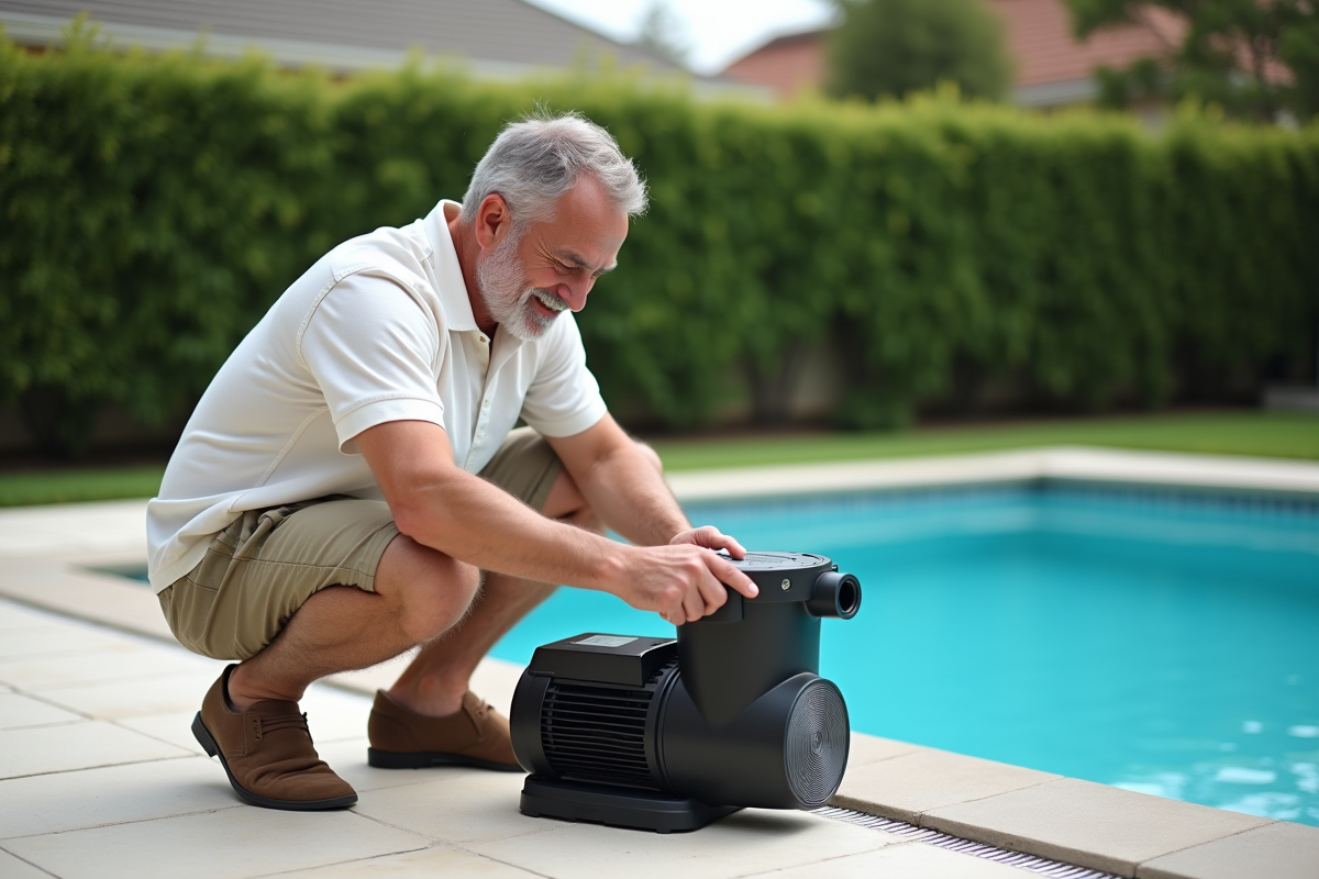 Homme d'âge moyen couvre une pompe de piscine extérieure