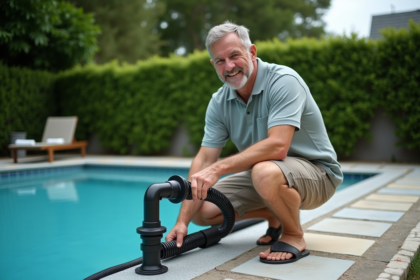 Homme ajustant un chauffe-eau solaire bricolé au bord de la piscine