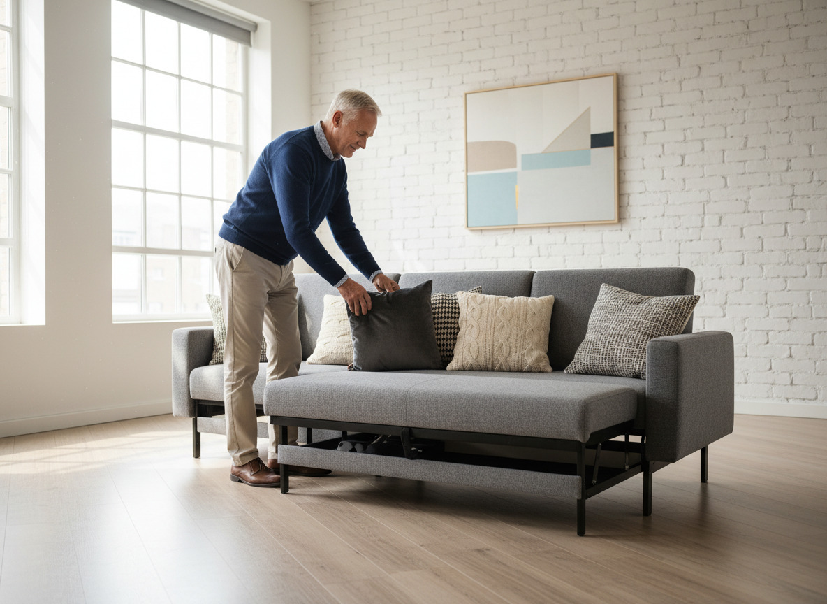 Homme arrangeant des coussins sur un canapé dans un studio scandinave