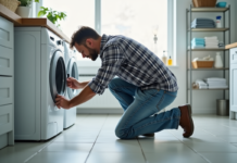 Déménagement : débrancher machine à laver en toute sécurité Homme d'âge moyen débranchant un lave-linge dans une buanderie lumineuse