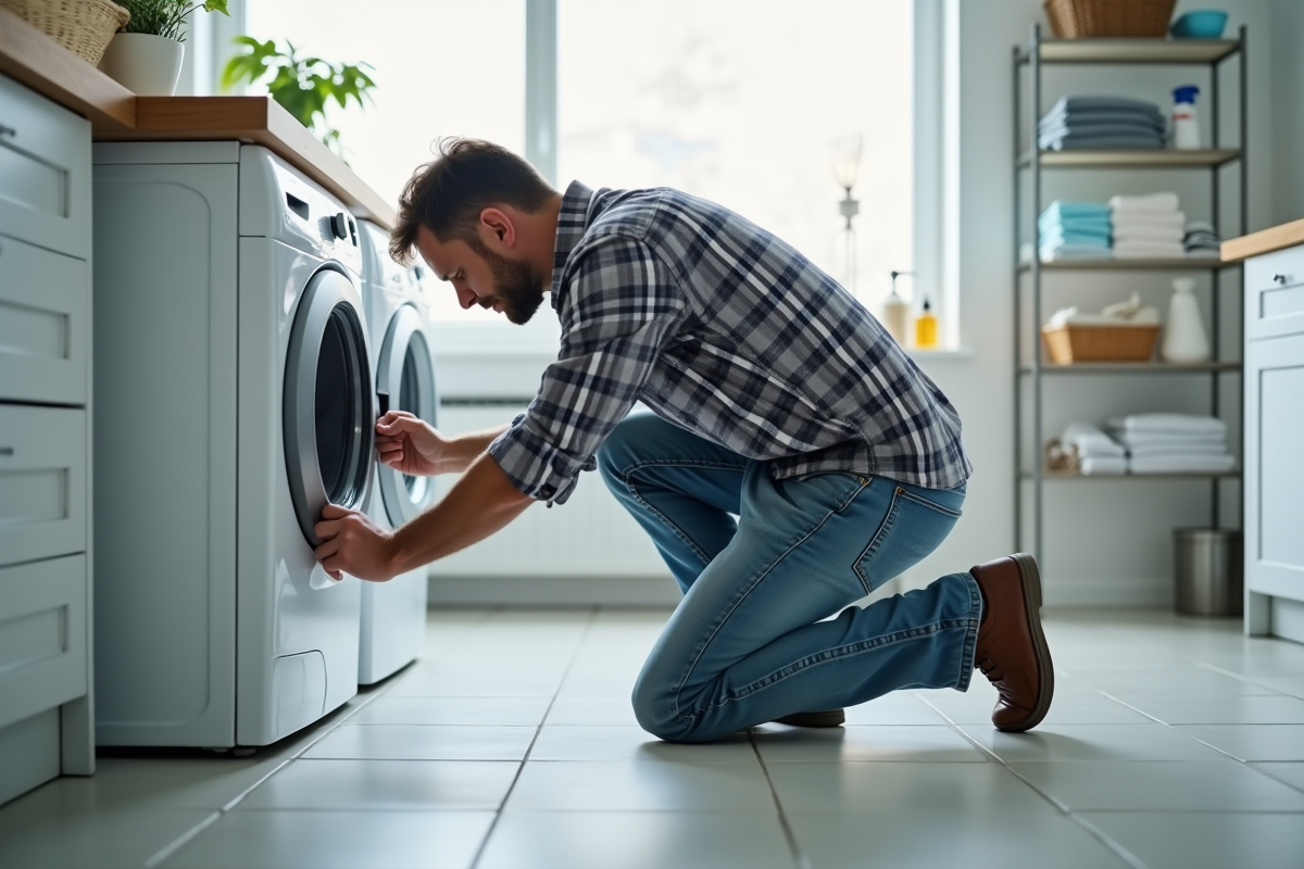 Homme d'âge moyen débranchant un lave-linge dans une buanderie lumineuse