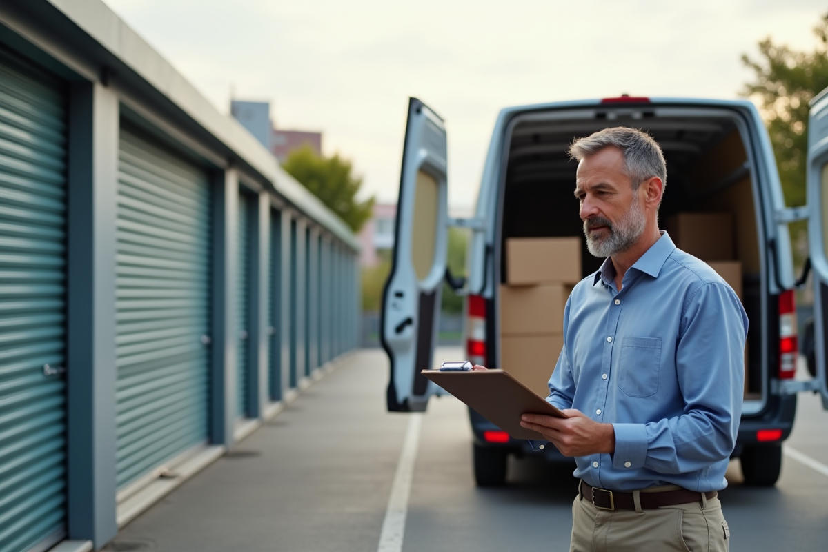 Homme vérifiant une liste devant un van pour déménagement