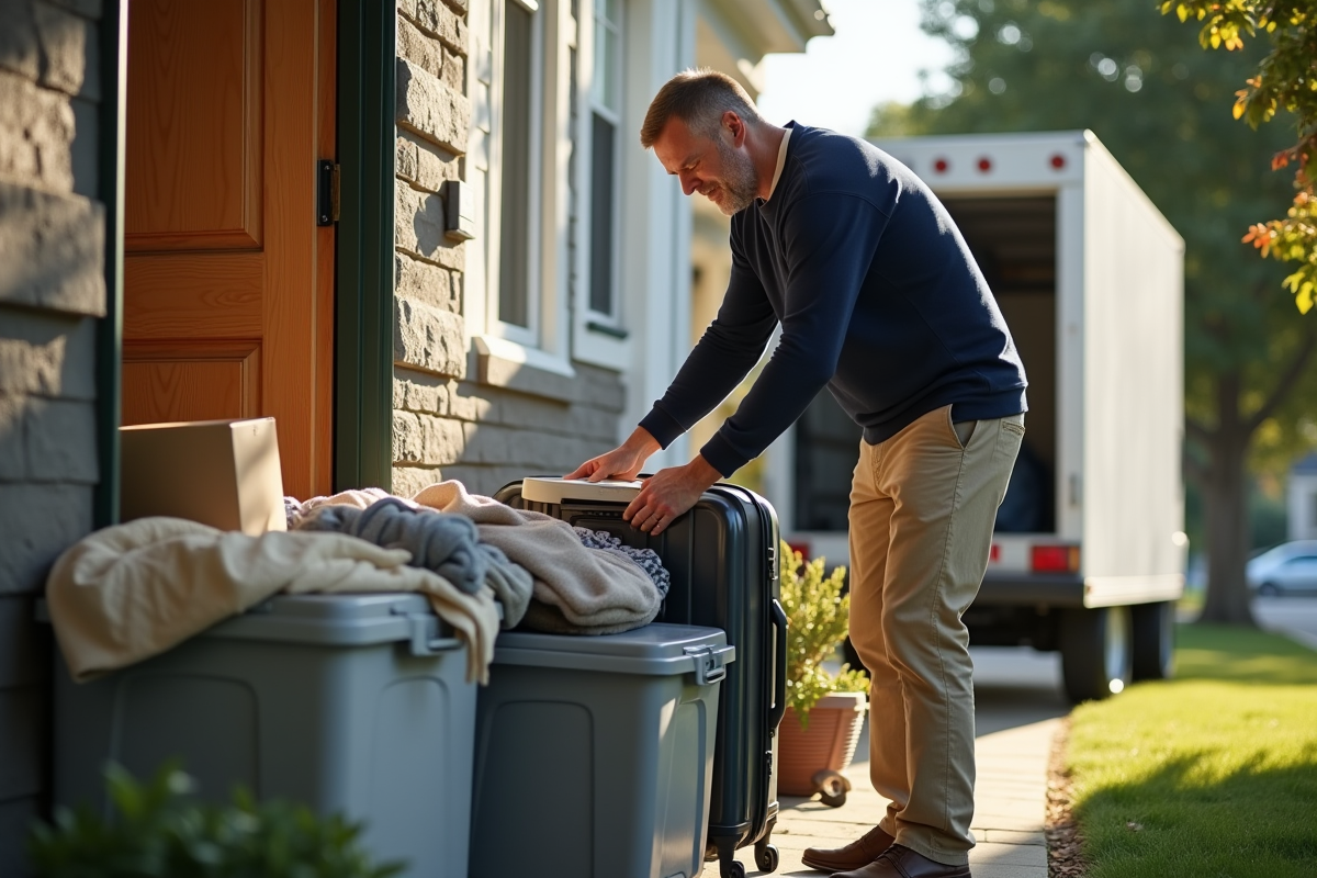 Homme emballant ses affaires pour un déménagement dehors