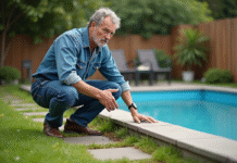 Homme d'âge moyen inspectant une piscine vide dans le jardin