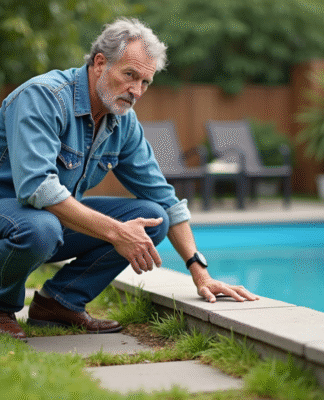 Homme d'âge moyen inspectant une piscine vide dans le jardin