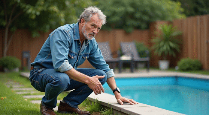 Homme d'âge moyen inspectant une piscine vide dans le jardin