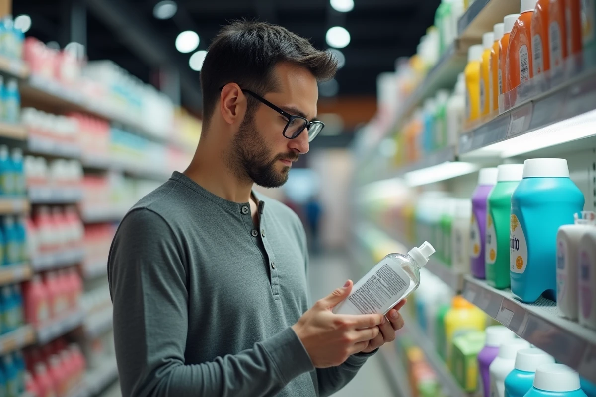 Homme lisant l'étiquette d'une lessive liquide douce pour peau sensible en rayon de supermarché