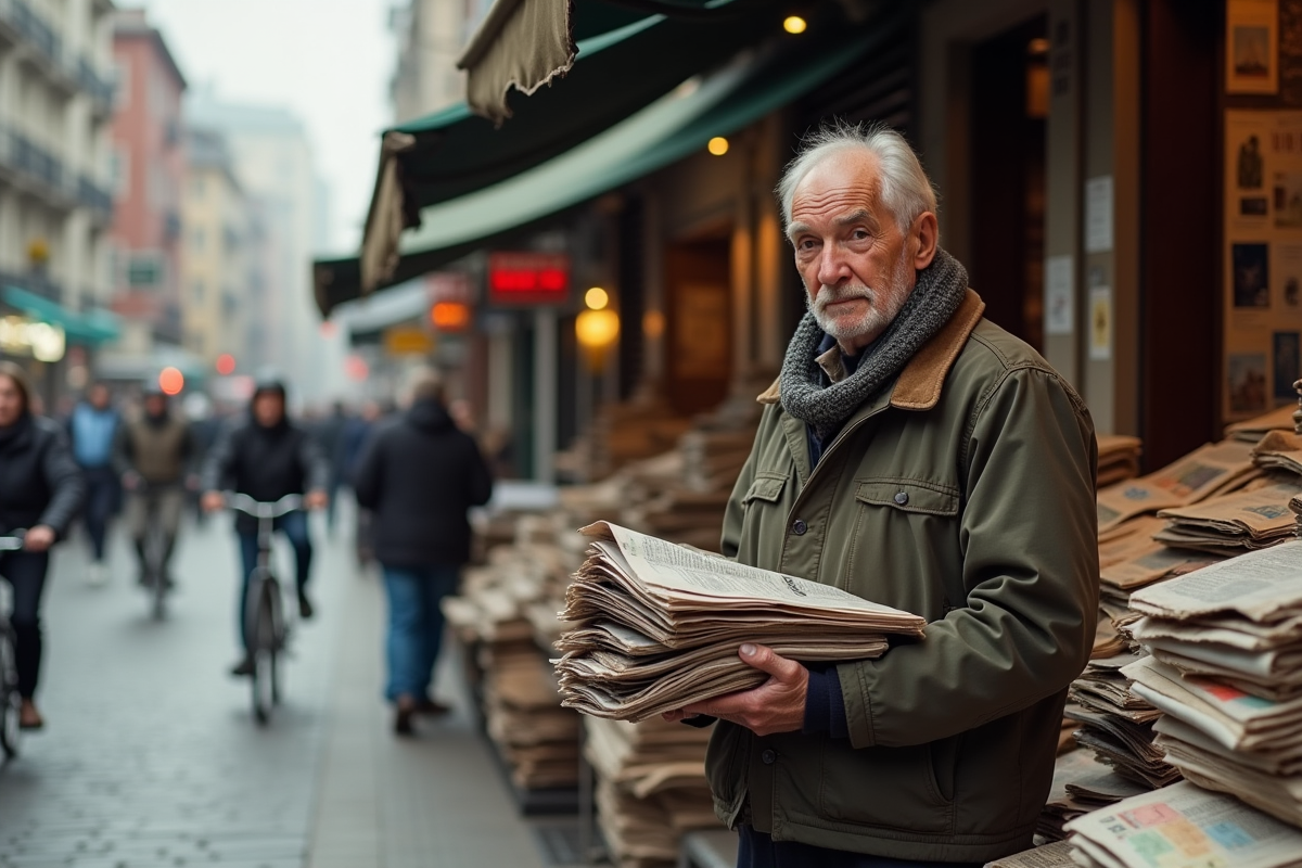 Homme âgé récupérant des journaux dans une rue urbaine animée