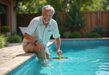 Clarifier l’eau de la piscine rapidement : astuces pratiques et efficaces Homme souriant nettoyant une piscine extérieure en été
