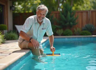 Homme souriant nettoyant une piscine extérieure en été