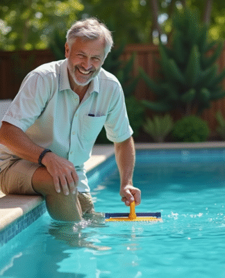 Homme souriant nettoyant une piscine extérieure en été