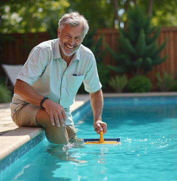 Clarifier l’eau de la piscine rapidement : astuces pratiques et efficaces Homme souriant nettoyant une piscine extérieure en été