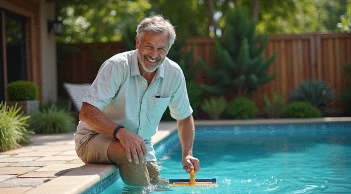 Homme souriant nettoyant une piscine extérieure en été