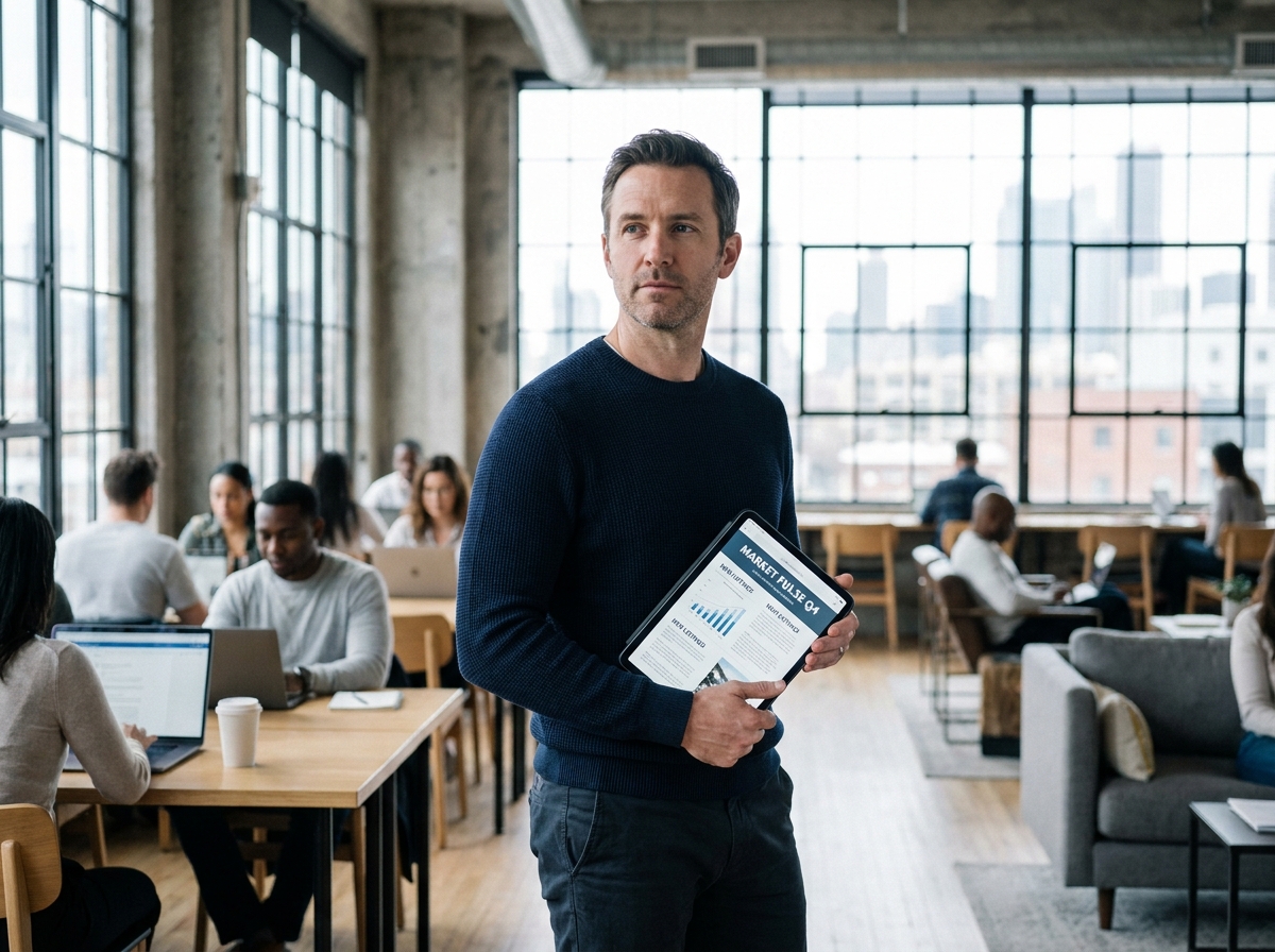 Homme lisant une newsletter immobilière sur une tablette dans un espace de coworking moderne