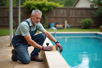 Homme en salopette examine un filtre à sable extérieur