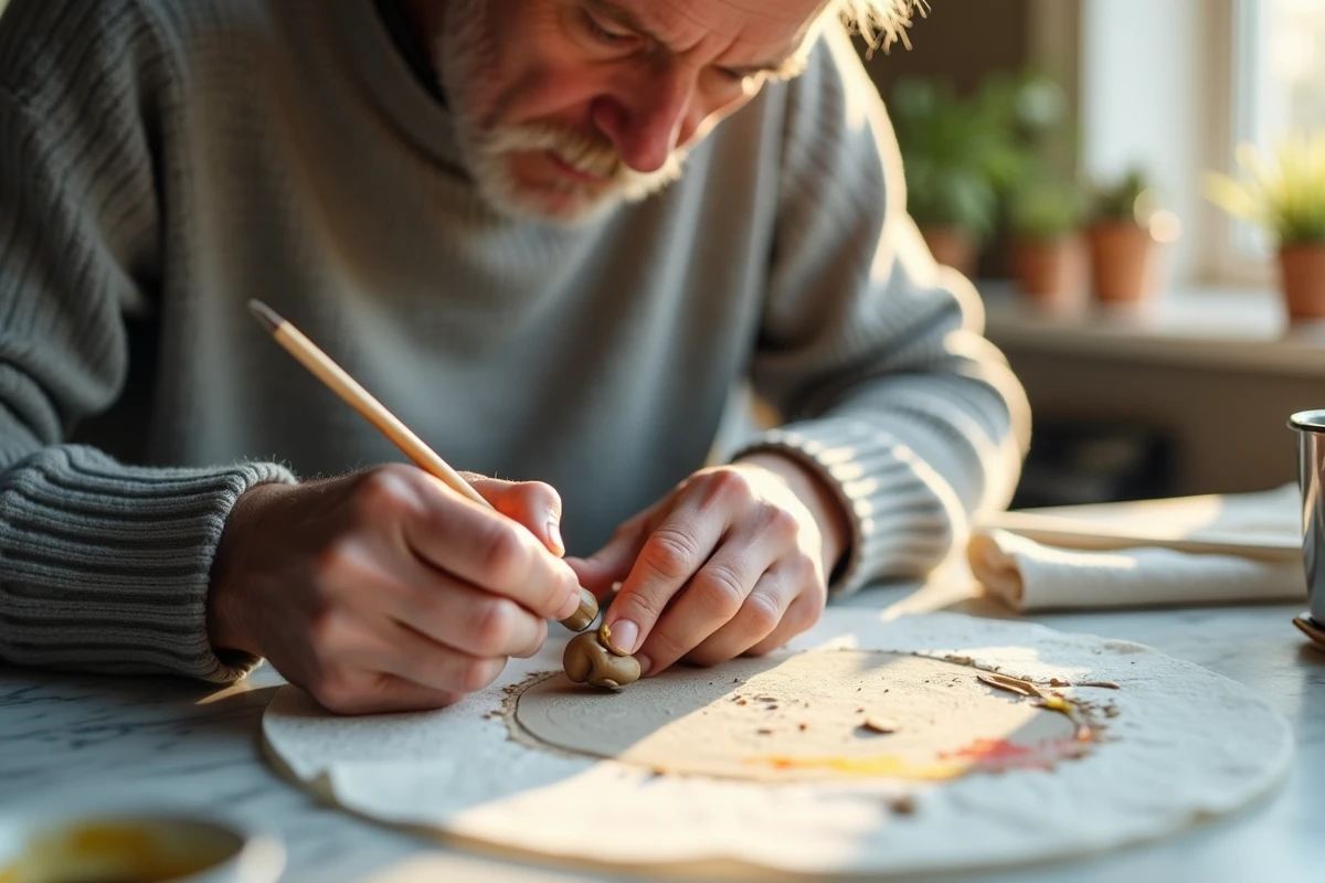 Homme appliquant des aquarelles sur une figurine en argile dans la cuisine
