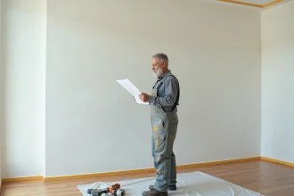 Homme en overalls peints examinant un devis dans une pièce rénovée